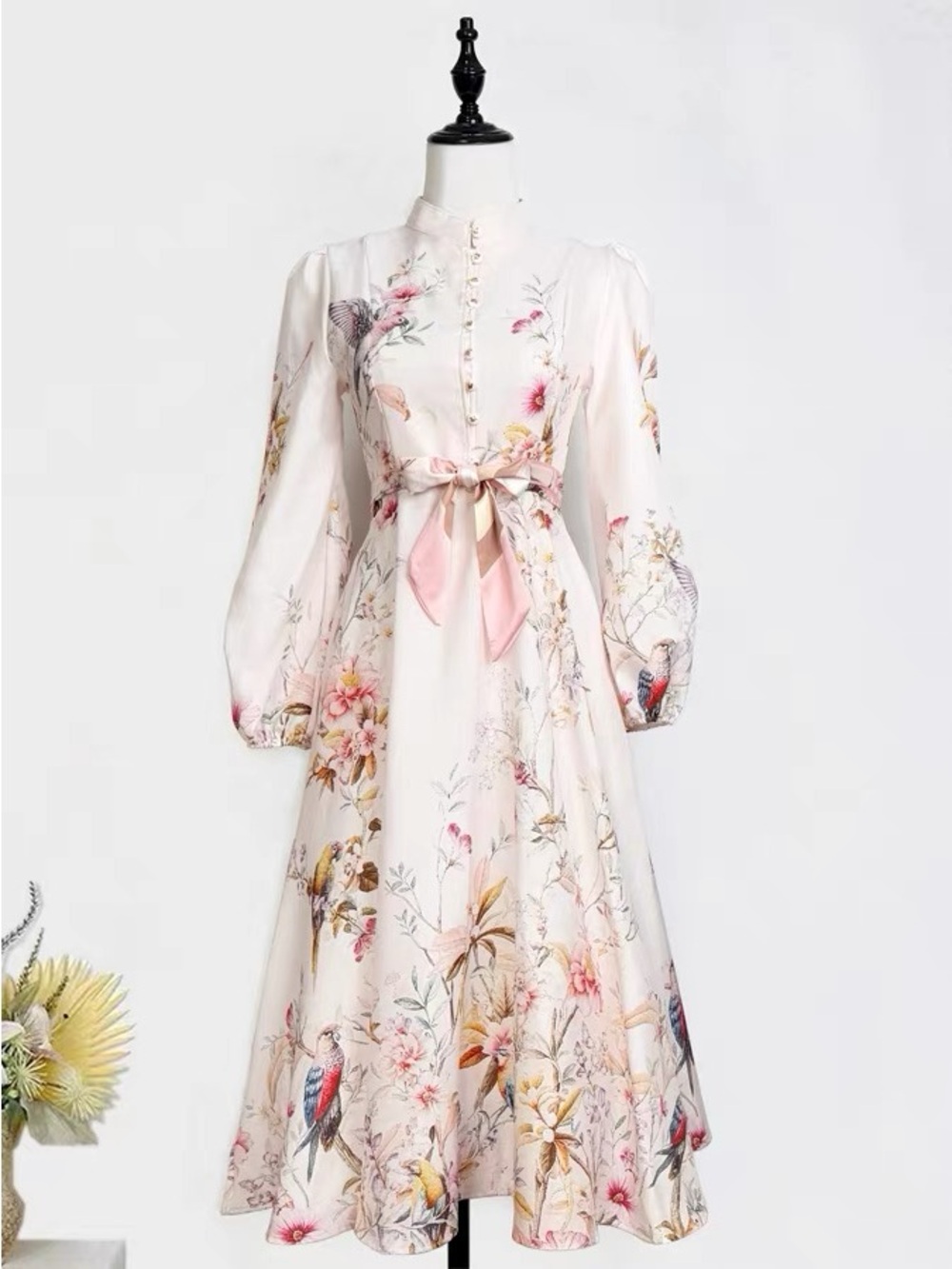 Floral Midi Dress with Pink Bow